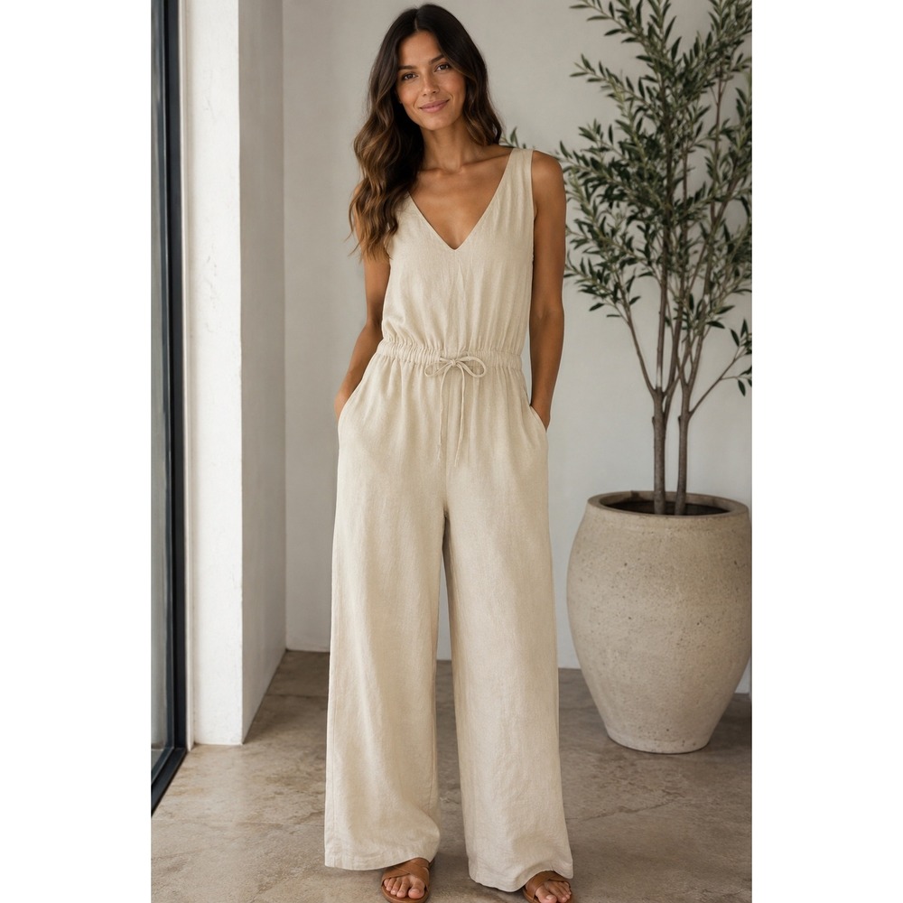 Splendid Collection Linen Blend V-Neck Wide Leg Jumpsuit Beige XS